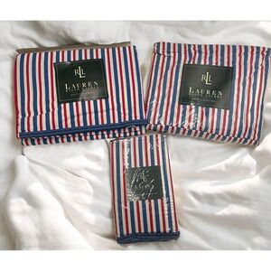 Ralph Lauren AMERICAN SUMMER STRIPE FULL  Bed Sheet SET Red‎ White Blue~NEW